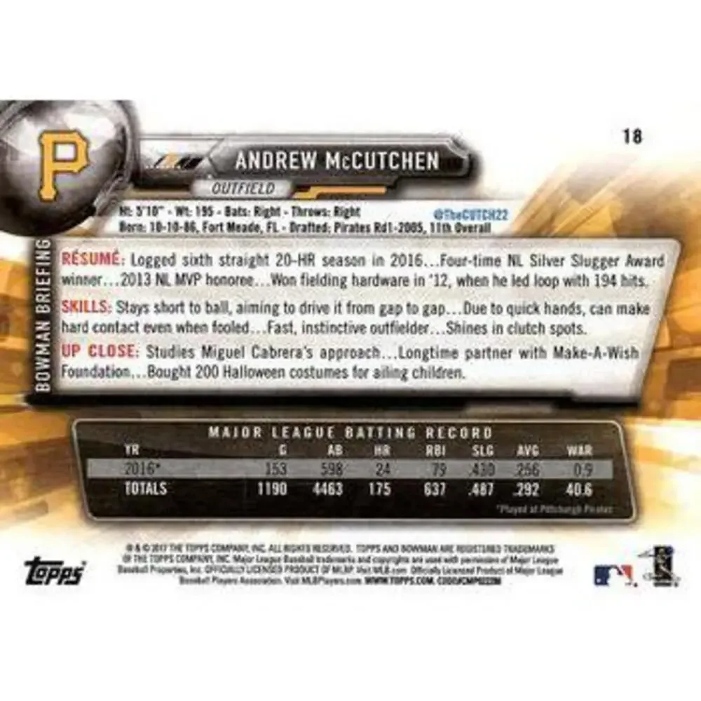 2017 Bowman Andrew McCutchen # 18 Pittsburgh Pirates